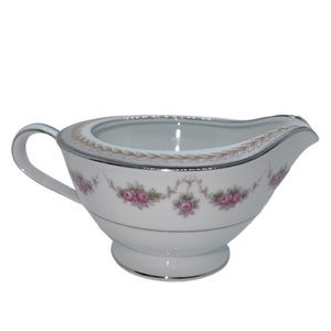 RC CHINA CREAMER WITH PINK ROSES, TAN LEAF LAUREL GARLAND DESIGN AND SILVER TRIM